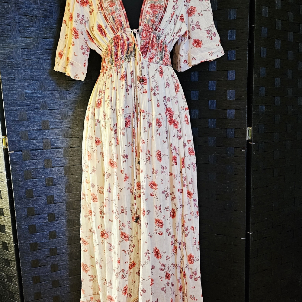 Free People Floral Maxi Dress in Cream and Red
